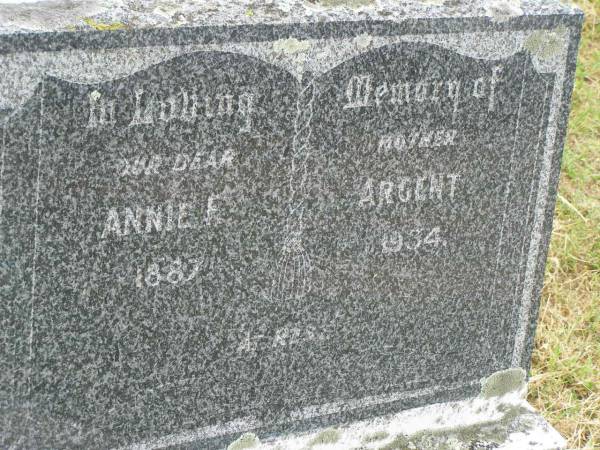 Annie F. ARGENT,  | mother,  | 1887 - 1934;  | Goomeri cemetery, Kilkivan Shire  | 