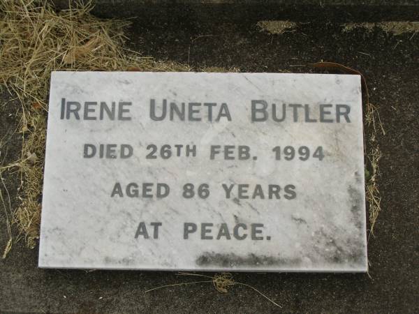 James William BUTLER,  | husband father,  | died 17 Dec 1960 aged 55 years;  | Irene Uneta BUTLER,  | died 26 Feb 1994 aged 86 years;  | Goomeri cemetery, Kilkivan Shire  | 