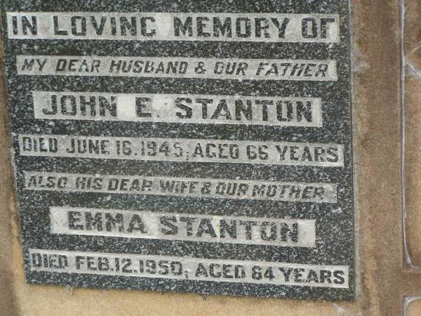 John E. STANTON,  | husband father,  | died 16 June 1945 aged 65 years;  | Emma STANTON,  | wife mother,  | died 12 Feb 1950 aged 64 years;  | Goomeri cemetery, Kilkivan Shire  | 