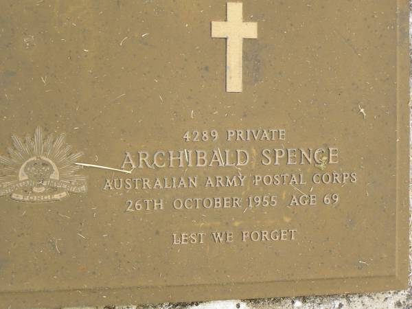 Archibald SPENCE,  | died 26 Oct 1955 aged 69 years;  | Goomeri cemetery, Kilkivan Shire  | 