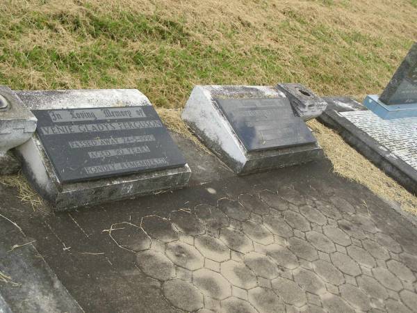 Venie Gladys FERGUSON,  | died 24-5-1990 aged 90 years;  | John (Slab) FERGUSON,  | died 23-6-1965 aged 57 years;  | Goomeri cemetery, Kilkivan Shire  | 