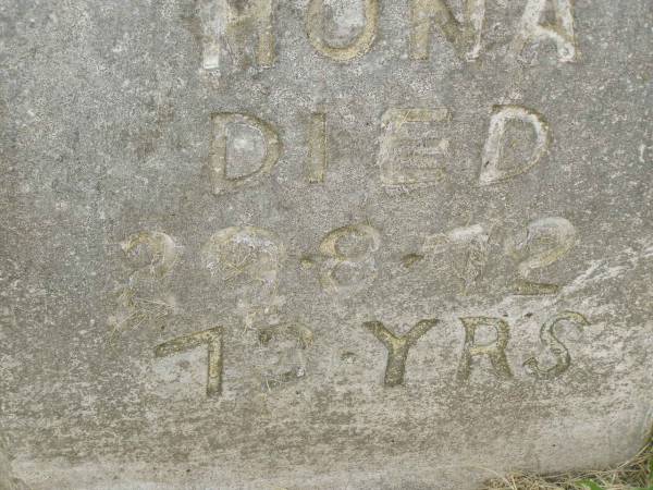 Mona RILEY,  | died 29-8-72 aged 73 years;  | Goomeri cemetery, Kilkivan Shire  | 