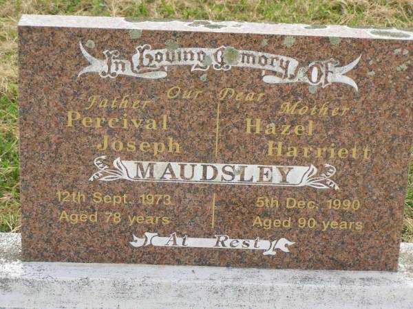 Percival Joseph MAUDSLEY,  | father,  | died 12 Sept 1973 aged 78 years;  | Hazel Harriet MAUDSLEY,  | mother,  | died 5 Dec 1990 aged 90 years;  | Goomeri cemetery, Kilkivan Shire  | 
