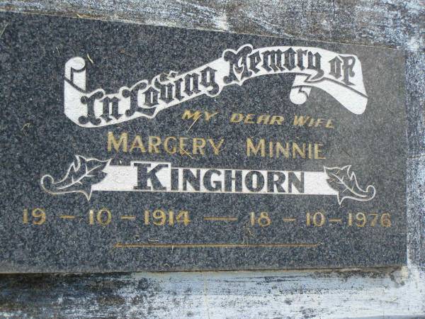 Margery Minnie KINGHORN,  | wife,  | 19-10-1914 - 18-10-1976;  | Goomeri cemetery, Kilkivan Shire  | 