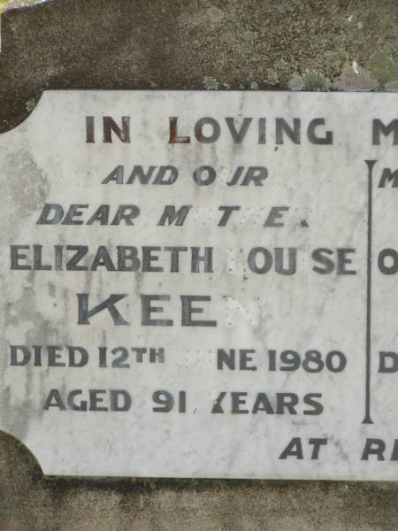 Elizabeth Louise KEEN,  | mother,  | died 12 June 1980 aged 91 years;  | Oliver Manton KEEN,  | husband father,  | died 14 May 1954 aged 74 years;  | Charles Oscar BONNEY,  | died 7 Aug 1957 aged 73 years;  | Goomeri cemetery, Kilkivan Shire  | 