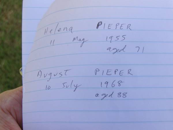 Helena PIEPER,  | mother,  | died 11 May 1955 aged 71 years;  | August PIEPER,  | father,  | died 10 July 1968 aged 88 years;  | Goomeri cemetery, Kilkivan Shire  | 