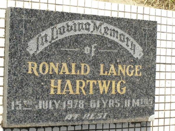 Ronald Lange HARTWIG,  | died 15 July 1978 aged 61 years 11 months;  | Goomeri cemetery, Kilkivan Shire  | 