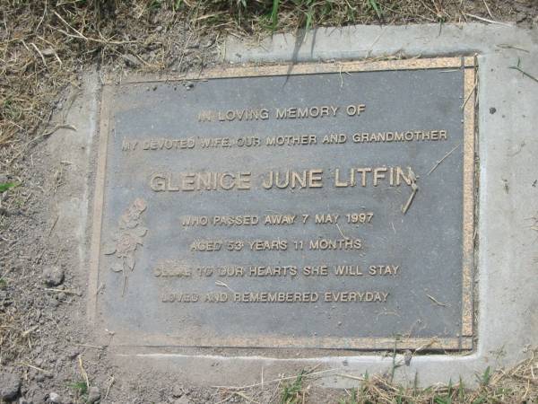 Glenice June LITFIN,  | wife mother grandmother,  | died 7 May 1997 aged 53 years 11 months;  | Goomeri cemetery, Kilkivan Shire  | 