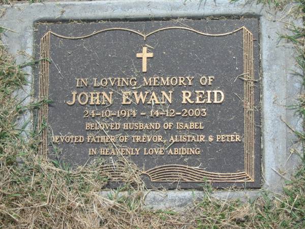 John Ewan REID,  | 24-10-10-1914 - 14-12-2003,  | husband of Isabel,  | father of Trevor, Alistair & Peter;  | Goomeri cemetery, Kilkivan Shire  | 