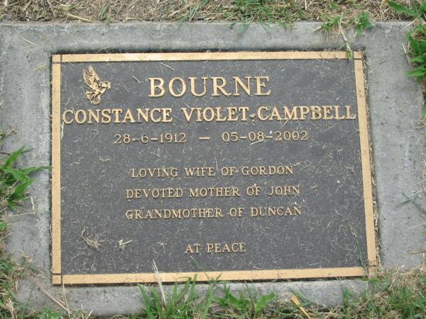 Constance Violet Campbell BOURNE,  | 28-6-1912 - 05-08-2002,  | wife of Gordon,  | mother of John,  | grandmother of Duncan;  | Goomeri cemetery, Kilkivan Shire  | 