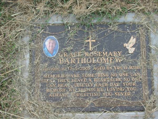 Grace Rosemary BARTHOLEMEW,  | 1-6-1916 - 17-5-2001 aged 84 years 11 months;  | Goomeri cemetery, Kilkivan Shire  | 