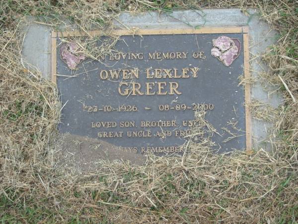 Owen Lexley GREER,  | 23-10-1926 - 08-9-2000,  | son brother uncle great-uncle;  | Goomeri cemetery, Kilkivan Shire  | 
