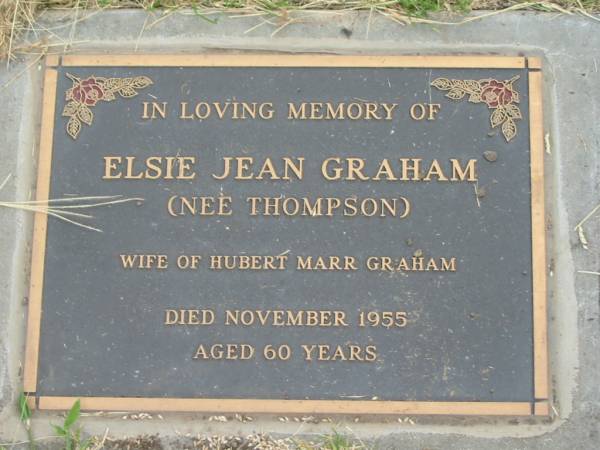 Elsie Jean GRAHAM (nee THOMPSON),  | wife of Hubert Marr GRAHAM,  | died Nov 1955 aged 60 years;  | Goomeri cemetery, Kilkivan Shire  | 