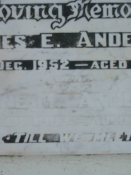 James E. ANDERSON,  | died 9 Dec 1952 aged 67 years;  | Irene M. ANDERSON,  | died 6 Feb 1987 ageed 76 years;  | Goomeri cemetery, Kilkivan Shire  | 