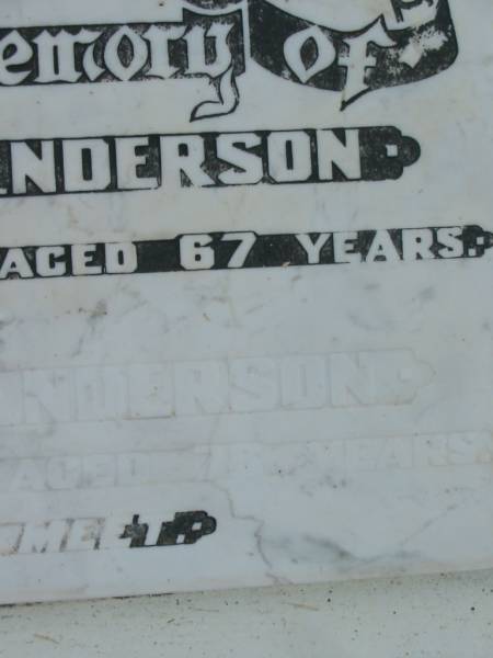 James E. ANDERSON,  | died 9 Dec 1952 aged 67 years;  | Irene M. ANDERSON,  | died 6 Feb 1987 ageed 76 years;  | Goomeri cemetery, Kilkivan Shire  | 