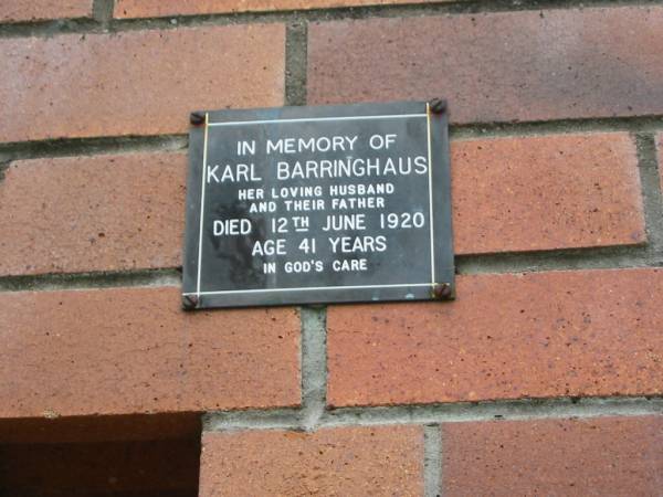 Karl BARRINGHAUS,  | husband father,  | died 12 June 1920 aged 41 years;  | Goomeri cemetery, Kilkivan Shire  | 