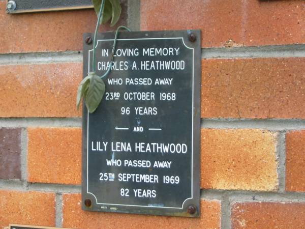 Charles A. HEATHWOOD,  | died 23 Oct 1968 aged 96 years;  | Lily Lena HEATHWOOD,  | died 25 Sept 1969 aged 82 years;  | Goomeri cemetery, Kilkivan Shire  | 