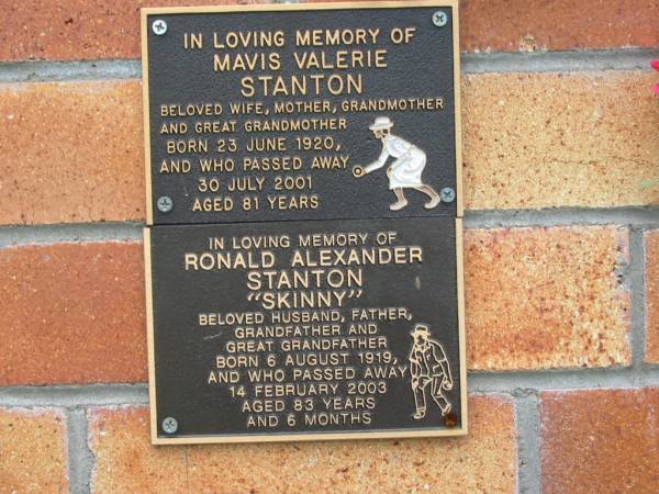 Mavis Valerie STANTON,  | wife mother grandmother great-grandmother,  | born 23 June 1920,  | died 30 July 2001 aged 81 years;  | Ronald Alexander (Skinny) STANTON,  | husband father grandfather great-grandfather,  | born 6 Aug 1919,  | died 15 Feb 2003 agd 83 years 6 months;  | Goomeri cemetery, Kilkivan Shire  | 