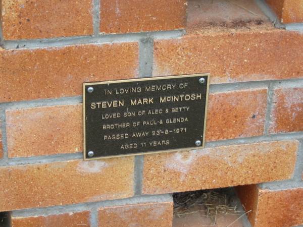 Steven Mark MCINTOSH,  | son of Alec & Betty,  | brother of Paul & Glenda,  | died 23-8-1971 aged 11 years;  | Goomeri cemetery, Kilkivan Shire  | 