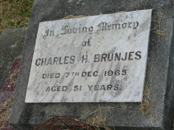 Charles H. BRUNJES,  | dad,  | died 7 Dec 1965 aged 51 years;  | Goomeri cemetery, Kilkivan Shire  | 