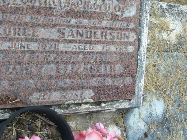 George SANDERSON,  | husband father,  | died 18 June 1970 aged 75 years;  | Daisy Elizabeth,  | mother,  | died 19 Nov 1983 aged 81 years;  | Goomeri cemetery, Kilkivan Shire  | 