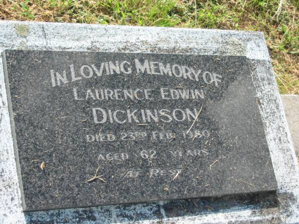 Laurence Edwin DICKINSON,  | died 23 Feb 1980 aged 62 years;  | Goomeri cemetery, Kilkivan Shire  | 