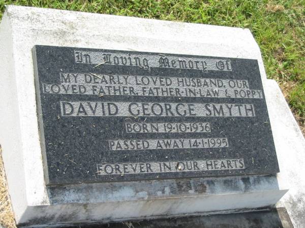 David George SMYTH,  | husband father father-in-law poppy,  | born 19-10-1936,  | died 14-1-1995;  | Goomeri cemetery, Kilkivan Shire  | 
