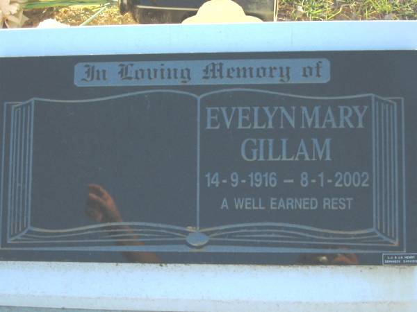 Evelyn Mary GILLAM,  | 14-9-1916 - 8-1-2002;  | Grandchester Cemetery, Ipswich  | 