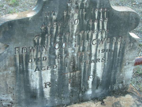 Eleanor POWER,  | died 11 April 1900 aged 80 years;  | Edwin COLLINGWOOD, grandson,  | died 13 Dec 1911 aged 15 years;  | Grandchester Cemetery, Ipswich  | 