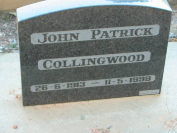John Patrick COLLINGWOOD,  | 26-6-1913 - 11-5-1999;  | Grandchester Cemetery, Ipswich  | 