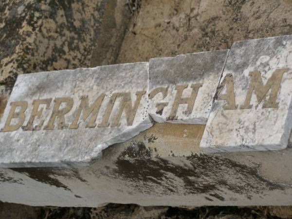 Thomas BERMINGHAM,  | died 19 July 1918 aged 84 years;  | Bridget,  | wife,  | died 20 June 1925? aged 77 years;  | Greenmount cemetery, Cambooya Shire  | 