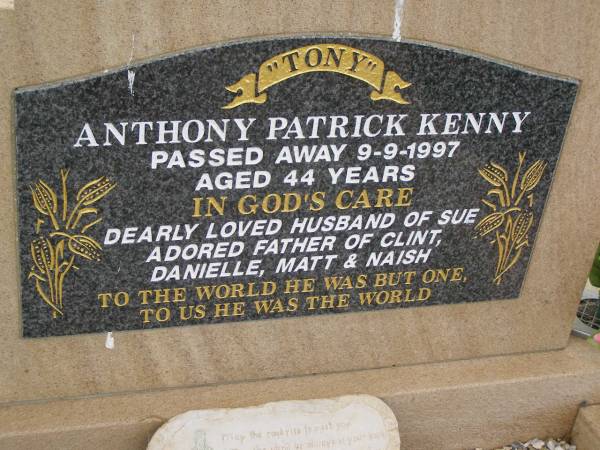 Anthony Patrick KENNY,  | died 9-9-1997 aged 44 years,  | husband of Sue,  | father of Clint, Danielle, Matt & Naish;  | Greenmount cemetery, Cambooya Shire  | 