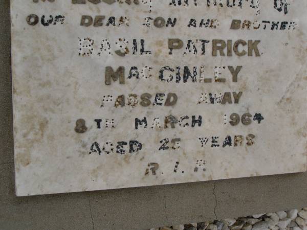 Basil Patrick MACGINLEY,  | son brother,  | died 8 March 1964 aged 25 years;  | Greenmount cemetery, Cambooya Shire  | 