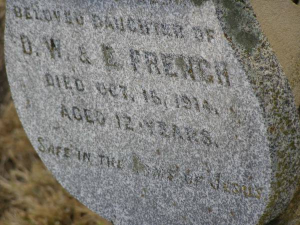 Florence Hilda,  | daughter of D.W. & E. FRENCH,  | died 15 Oct 1914 aged 12 years;  | Greenmount cemetery, Cambooya Shire  | 
