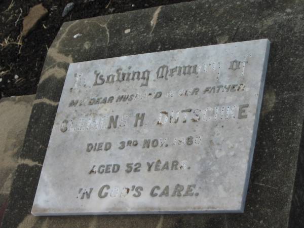 Clemens H. DUTSCHKE,  | husband father,  | died 3 Nov 1950 aged 52 years;  | Greenmount cemetery, Cambooya Shire  | 