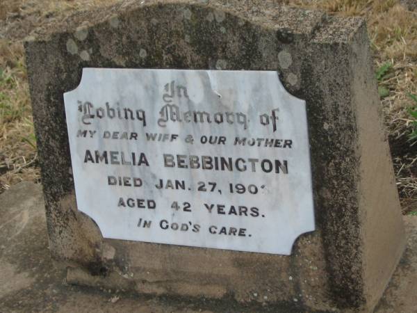 Amelia BEBBINGTON,  | wife mother,  | died 27 Jan 1903 aged 42 years;  | Greenmount cemetery, Cambooya Shire  | 