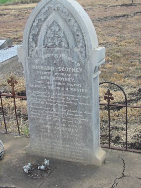 Richard SCOTNEY,  | husband of Ann SCOTNEY,  | died 30 Dec 1917 aged 75 years 9 months;  | Ann SCOTNEY,  | mother,  | died 11 April 1921 aged 71 years;  | Greenmount cemetery, Cambooya Shire  | 