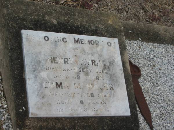 Henry AYRIS,  | grandpa,  | died 28 Sept 1912 aged 69 years;  | Emma M. MAJOR,  | died 27 Feb 1928? aged 28 years;  | Greenmount cemetery, Cambooya Shire  | 