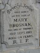 Mary BROSNAN, died Warwick 19 Sept 1919 aged 64 years; Michael BROSNAN, died Greenmount 18 April 1912 aged 79 years; Greenmount cemetery, Cambooya Shire 