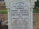 SAVAGE-ARMSTRONG; Thomas Henry SAVAGE, wife of Ann Jane SAVAGE, died 1 June 1896 aged 46 years; Ann Jan SAVAGE, wife, died 1 Dec 1932 in 80th years; Greenmount cemetery, Cambooya Shire 