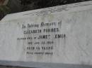 
Reginald James,
youngest son of James & Elizabeth F. LEMON,
accidentally drowned Kings Creek Pilton
20 Feb 1916 aged 17 years 4 months;
Elizabeth Forbes,
wife of James LEMON,
died 22 Jan 1924 aged 55 years;
Greenmount cemetery, Cambooya Shire
