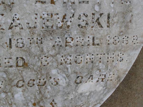 Jan Lynette KAJEWSKI,  | died 18 April 1968 aged 6 months;  | Greenwood St Pauls Lutheran cemetery, Rosalie Shire  | 