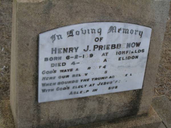 Henry J. PRIEBBENOW,  | born 6-2-1895 Highfields,  | died 4-7-1962 Helidon;  | Greenwood St Pauls Lutheran cemetery, Rosalie Shire  | 