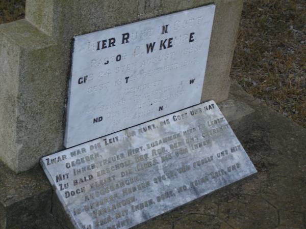 Pastor C.W. KEMPE,  | born 24 Aug 1888,  | died 13 December 1914;  | Greenwood St Pauls Lutheran cemetery, Rosalie Shire  | 