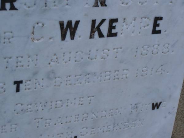 Pastor C.W. KEMPE,  | born 24 Aug 1888,  | died 13 December 1914;  | Greenwood St Pauls Lutheran cemetery, Rosalie Shire  | 