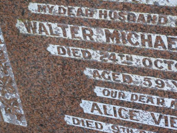 Walter Michael VIETHEER,  | husband father,  | died 24 Oct 1960 aged 59 years;  | Alice VIETHEER,  | mother,  | died 9 Sept 1987 aged 81 years 7 months;  | Greenwood St Pauls Lutheran cemetery, Rosalie Shire  | 