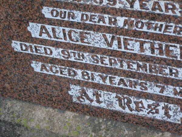 Walter Michael VIETHEER,  | husband father,  | died 24 Oct 1960 aged 59 years;  | Alice VIETHEER,  | mother,  | died 9 Sept 1987 aged 81 years 7 months;  | Greenwood St Pauls Lutheran cemetery, Rosalie Shire  | 