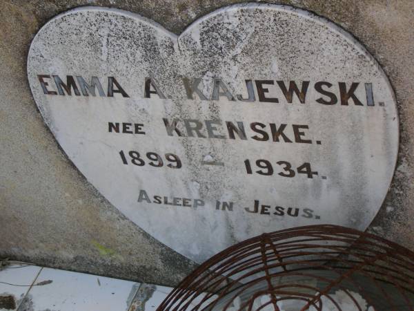 Emma A. KAJEWSKI (nee KRENSKE),  | 1899 - 1934,  | wife mother;  | Greenwood St Pauls Lutheran cemetery, Rosalie Shire  | 