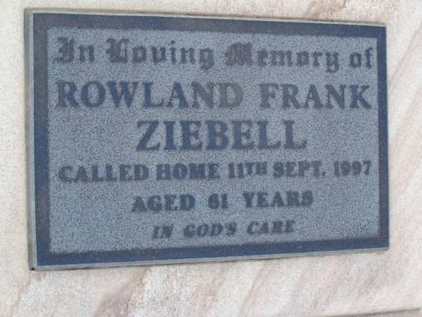 Rowland Frank ZIEBELL,  | died 11 Sept 1997 aged 61 years;  | Greenwood St Pauls Lutheran cemetery, Rosalie Shire  | 