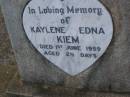 Kaylene Edna KIEM, died 1 June 1959 aged 2 1/2 days; Greenwood St Pauls Lutheran cemetery, Rosalie Shire 